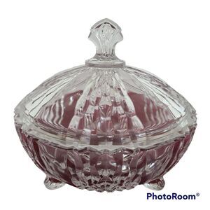 Three-Footed Pedestal Glass Candy Dish Covered Bowl Art Deco Geometric Design